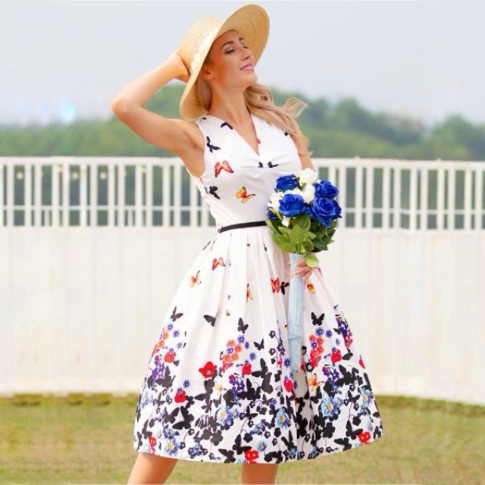 Belle Poque 1950s Vintage Butterfly Printed Sleeveless Flared A-Line Dress 2XL‎